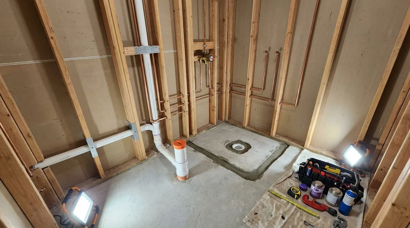 Bathroom rough-in plumbing during remodel by Johns Plumbing LLC in Eastville