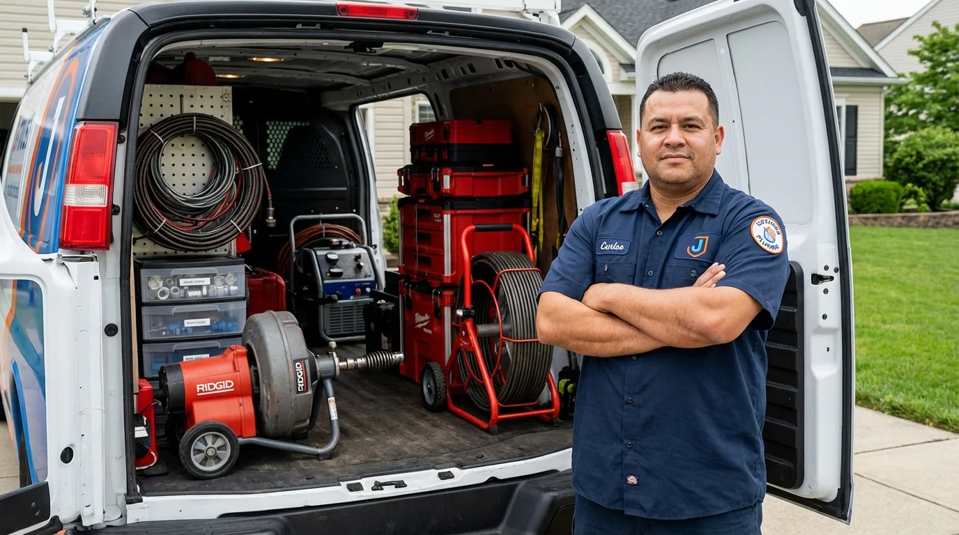 Professional drain cleaning equipment and Johns Plumbing LLC plumber in Eastville