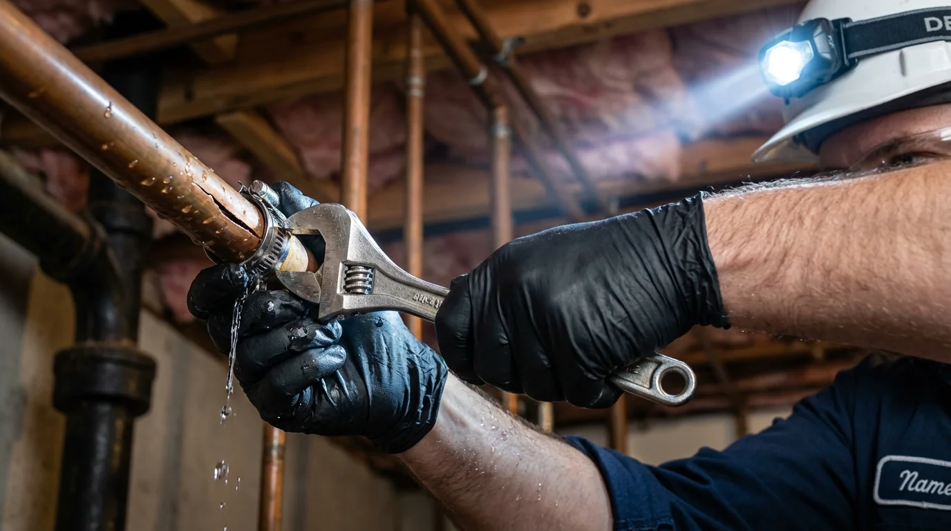 Emergency pipe clamp repair being performed by a Johns Plumbing LLC plumber in Eastville