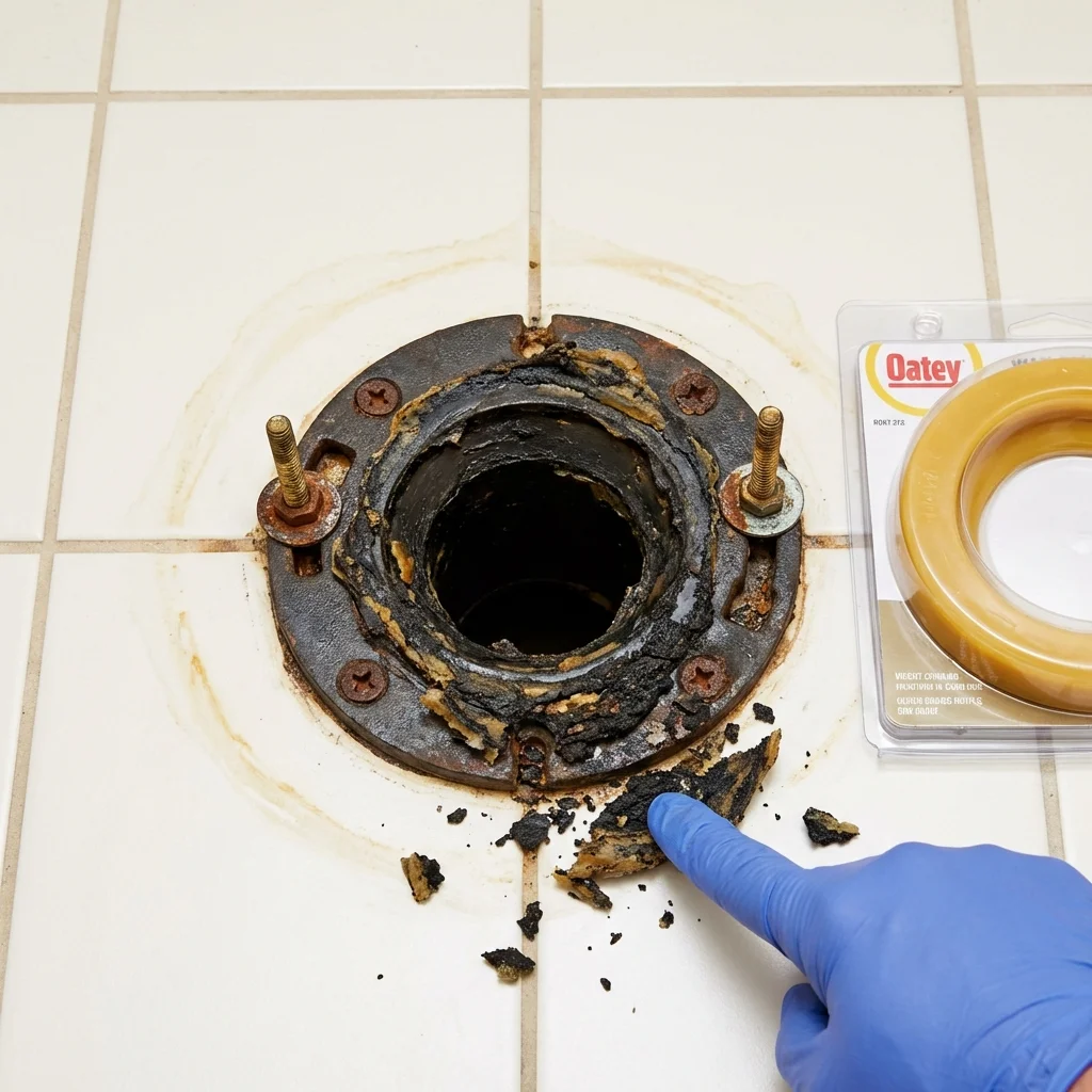 Failed wax ring showing water seepage at the base of a toilet in a Eastville, VA home